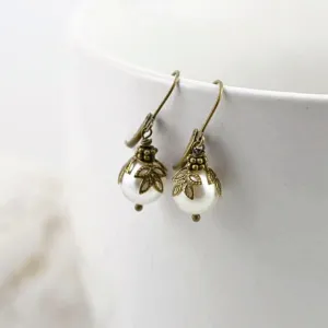 Vintage Style Bronze Earrings Fitted with Swarovski Pearls