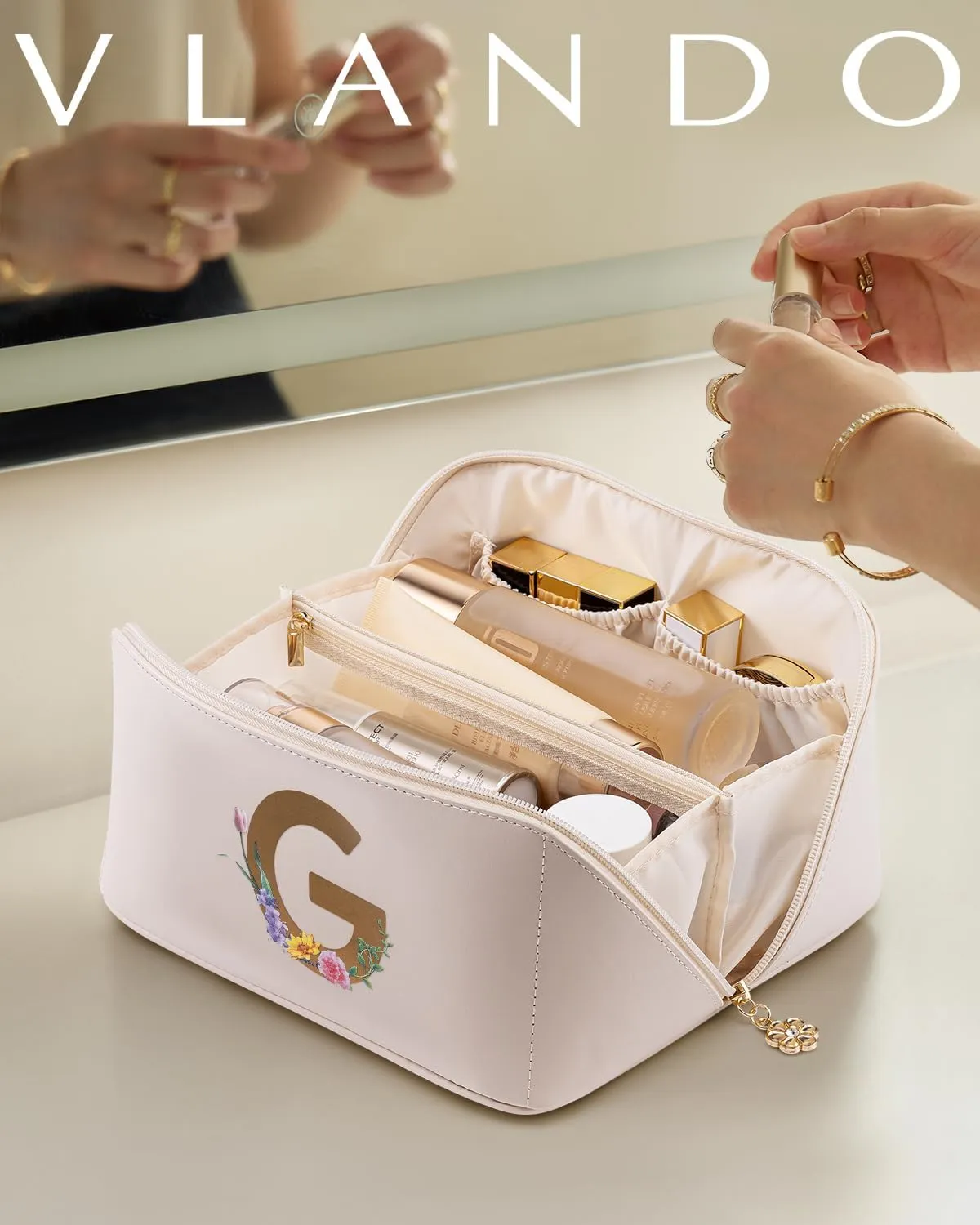 Vlando Bridesmaid Gift,Initial Makeup Bags for Women,Cosmetic Storage Bag with Zipper for Travel Essentials Birthday Wedding for Wife(Letter G)