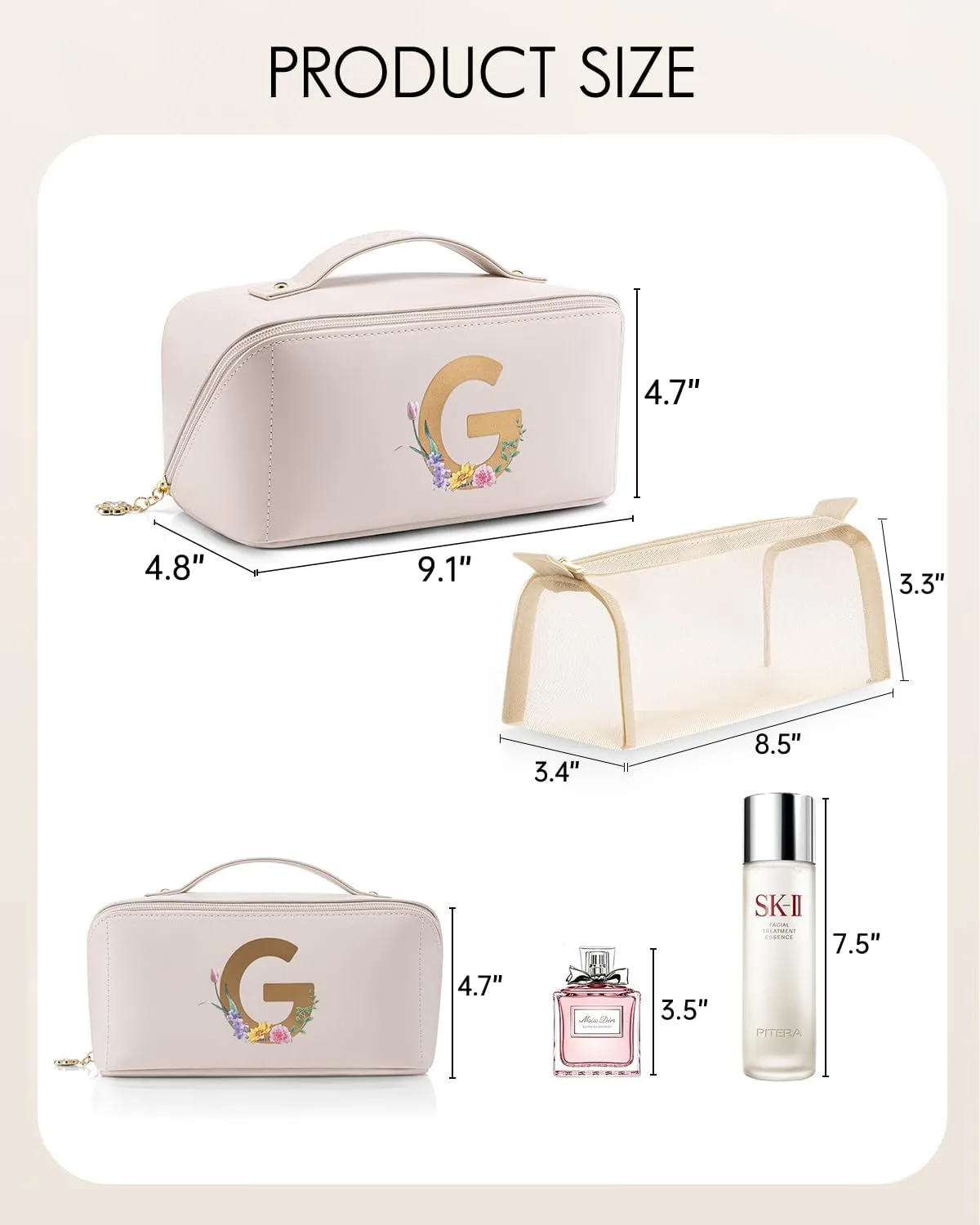 Vlando Bridesmaid Gift,Initial Makeup Bags for Women,Cosmetic Storage Bag with Zipper for Travel Essentials Birthday Wedding for Wife(Letter G)