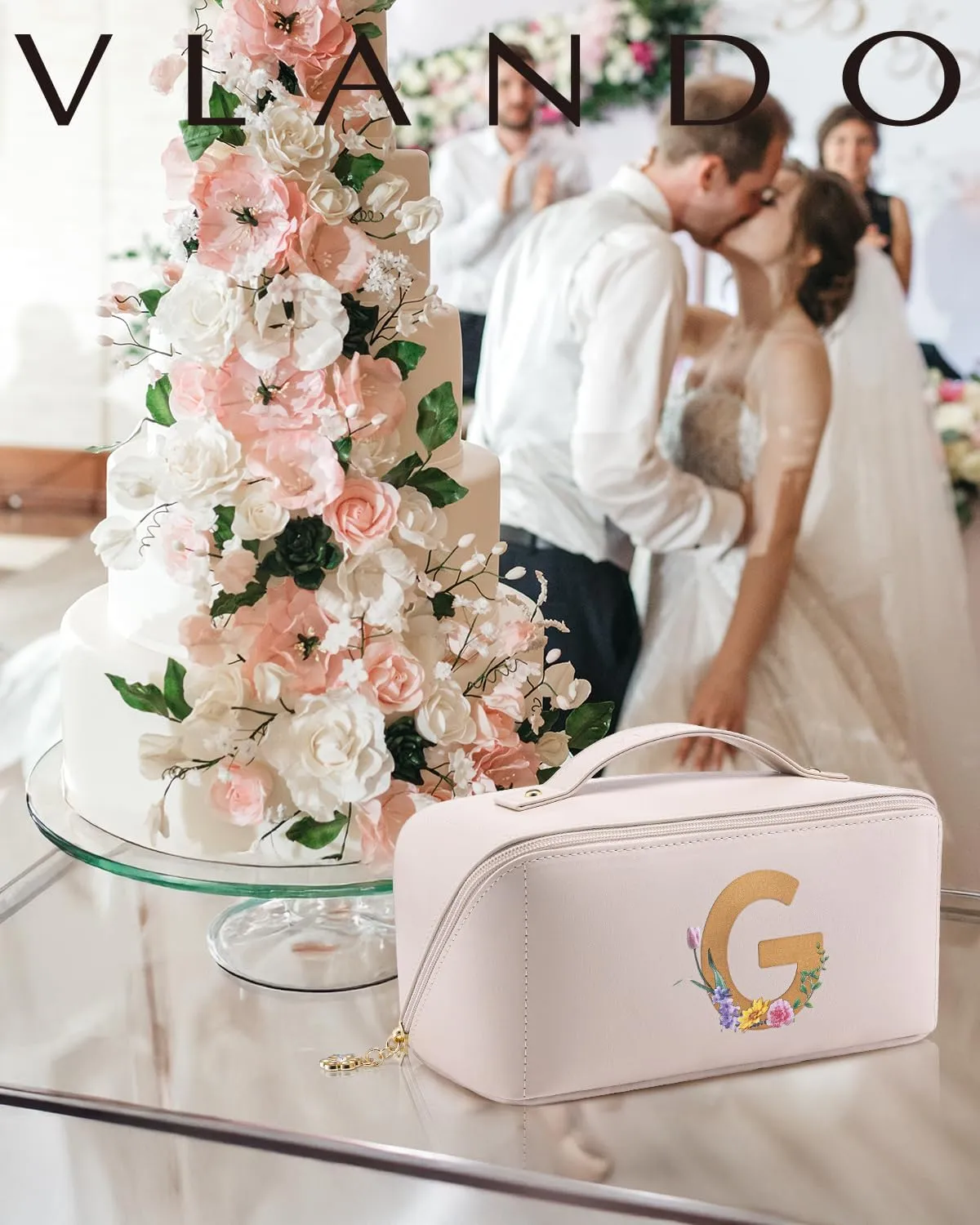 Vlando Bridesmaid Gift,Initial Makeup Bags for Women,Cosmetic Storage Bag with Zipper for Travel Essentials Birthday Wedding for Wife(Letter G)