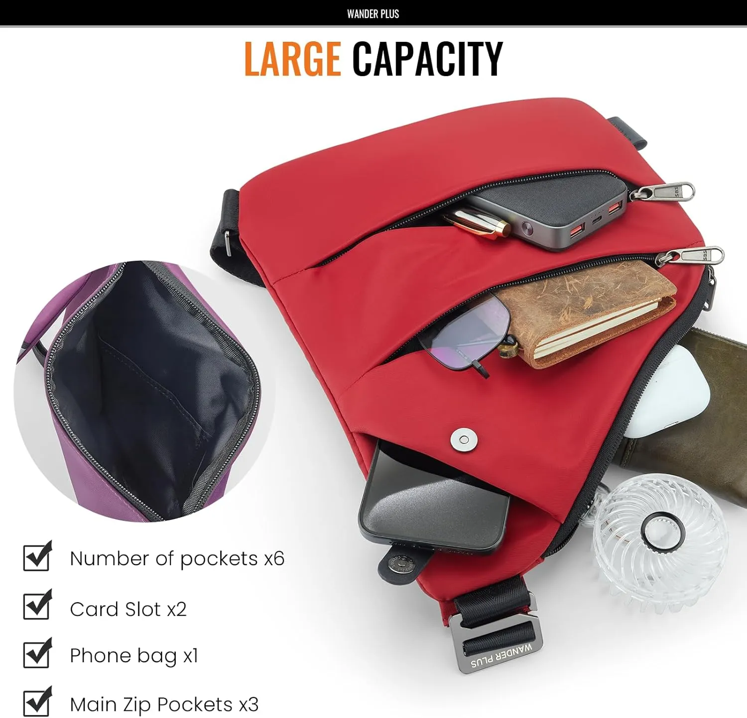 WANDER PLUS® Anti Theft Crossbody Travel Bag for Women Men, Multi-Pocket Crossbody Bag, Slim Sling Bag with Adjustable Strap