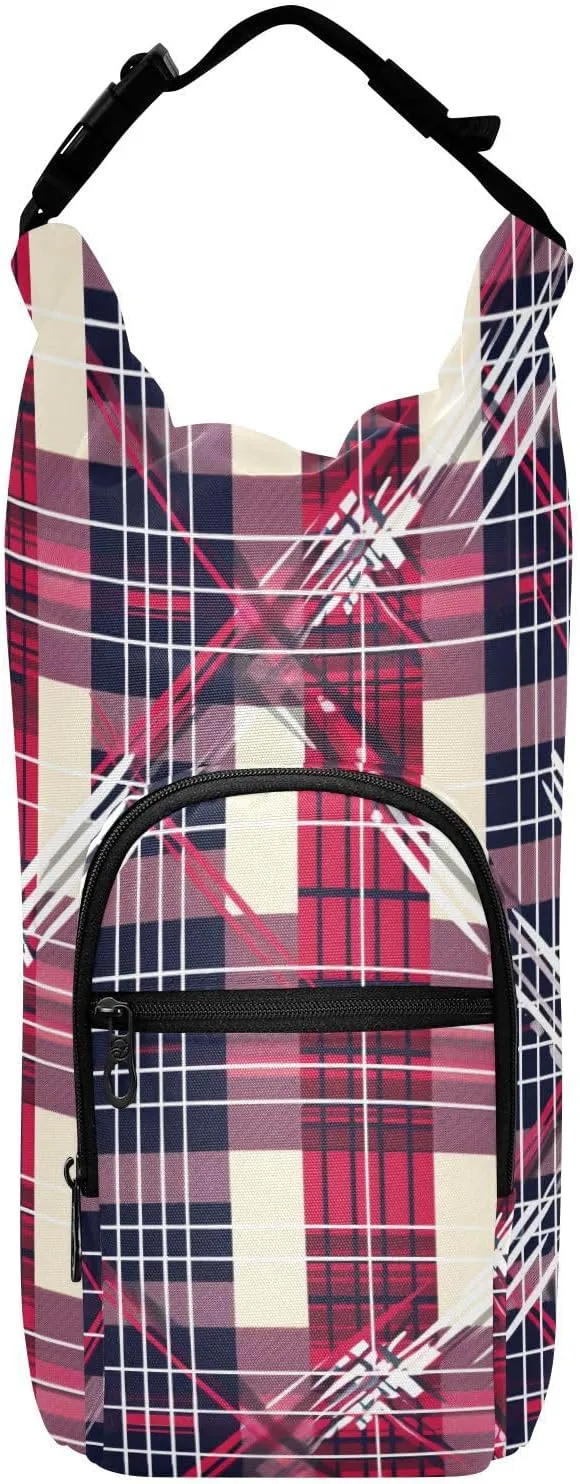 Water Bottle Strap Carrier Foldable Water Carrier for Walking 20/24/32/40oz Water Bottle Carry Bag for Hiking Cool Fuchsia Plaid