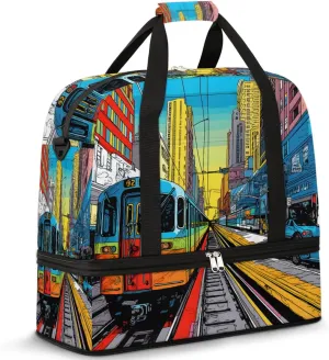 Watercolor Europe City Metro Car Travel Duffel Bag with Foldable Shoe Compartment Shoulder Tote Travel Weekend Bag Sports Gym Overnight Bags