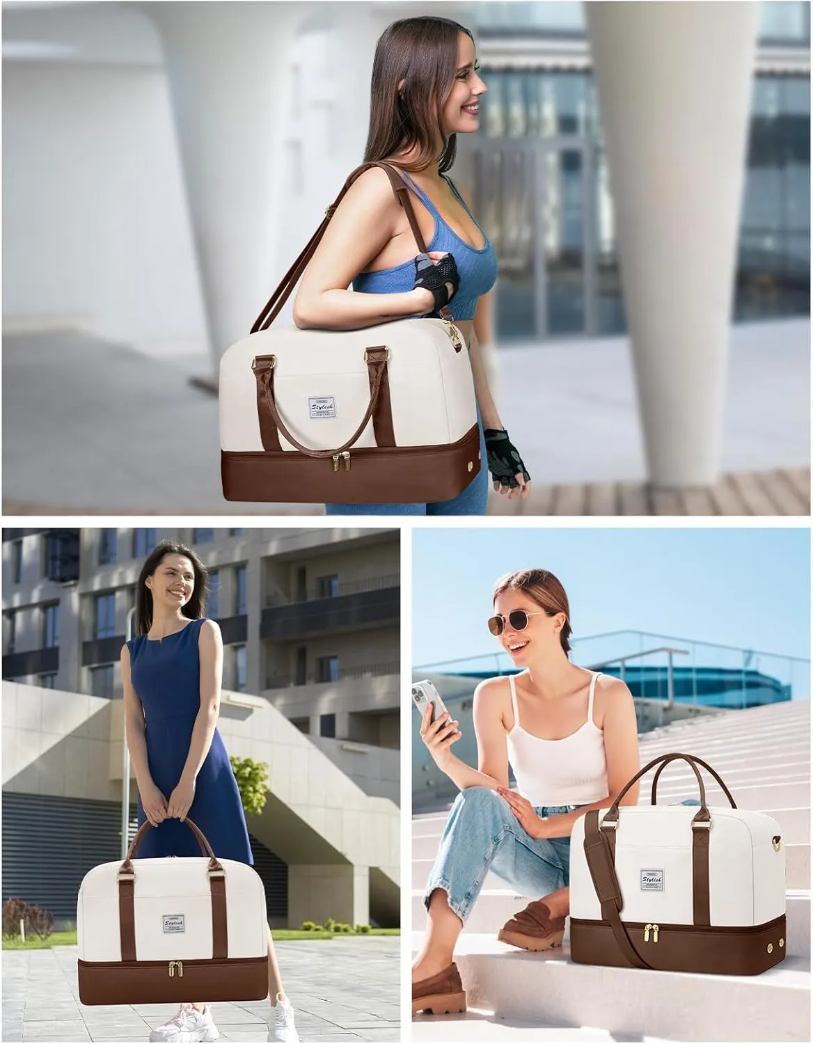 Weekender Travel Duffle Bag for Women: Overnight Bags with Shoe Compartment Carry on Bags for Airplanes with Toiletry Bag Yoga Gym Bag with Wet Pocket Travel Duffel Tote Bag Hospital Bag Brown Beige