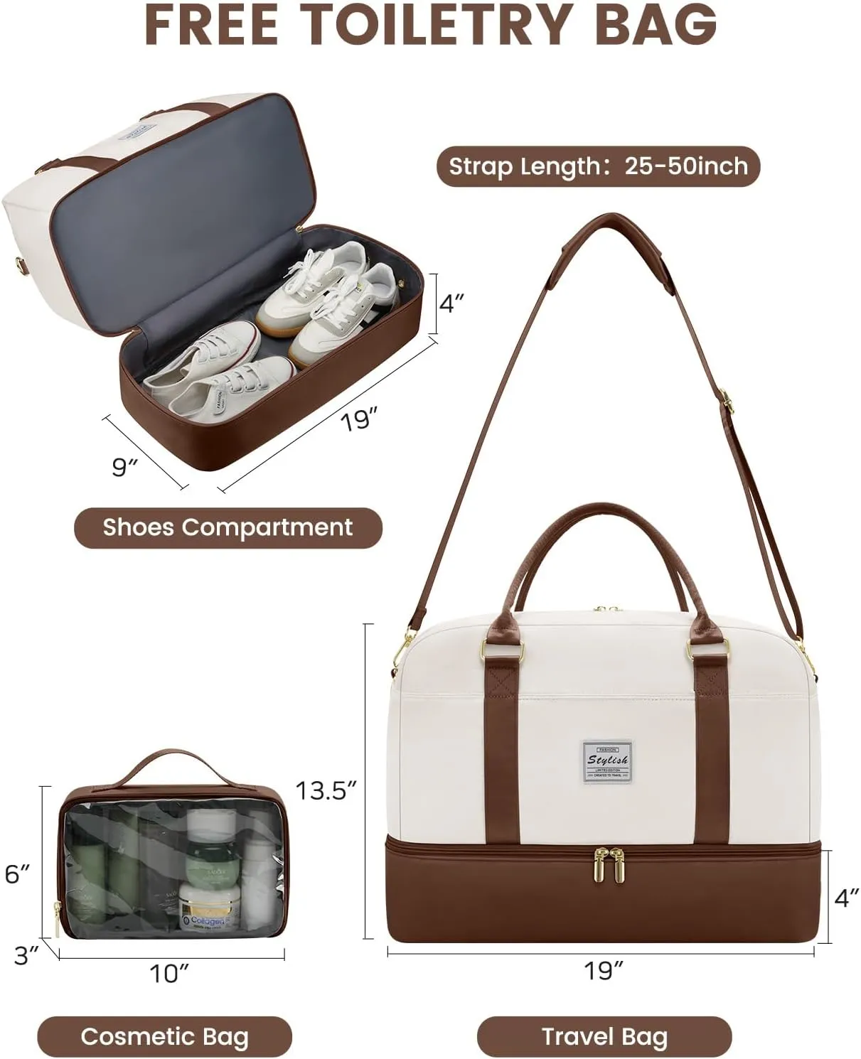 Weekender Travel Duffle Bag for Women: Overnight Bags with Shoe Compartment Carry on Bags for Airplanes with Toiletry Bag Yoga Gym Bag with Wet Pocket Travel Duffel Tote Bag Hospital Bag Brown Beige
