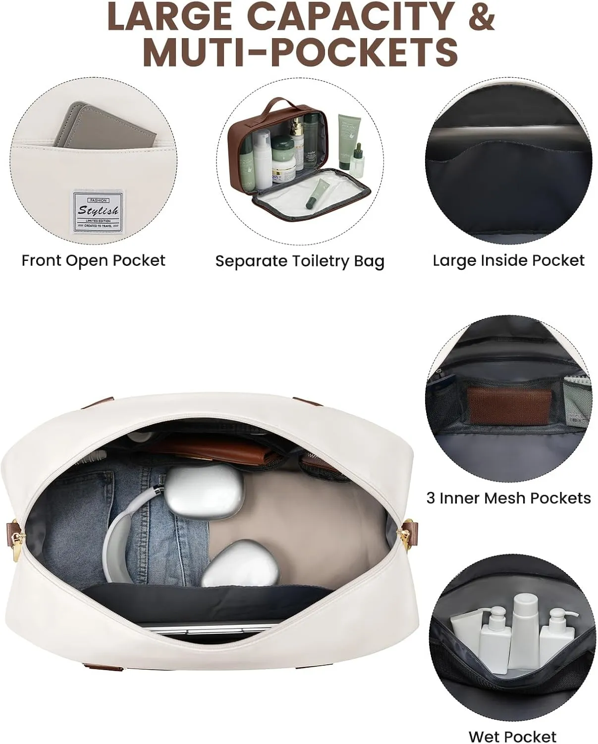Weekender Travel Duffle Bag for Women: Overnight Bags with Shoe Compartment Carry on Bags for Airplanes with Toiletry Bag Yoga Gym Bag with Wet Pocket Travel Duffel Tote Bag Hospital Bag Brown Beige