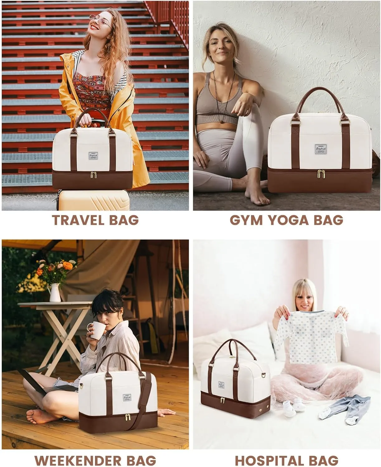 Weekender Travel Duffle Bag for Women: Overnight Bags with Shoe Compartment Carry on Bags for Airplanes with Toiletry Bag Yoga Gym Bag with Wet Pocket Travel Duffel Tote Bag Hospital Bag Brown Beige