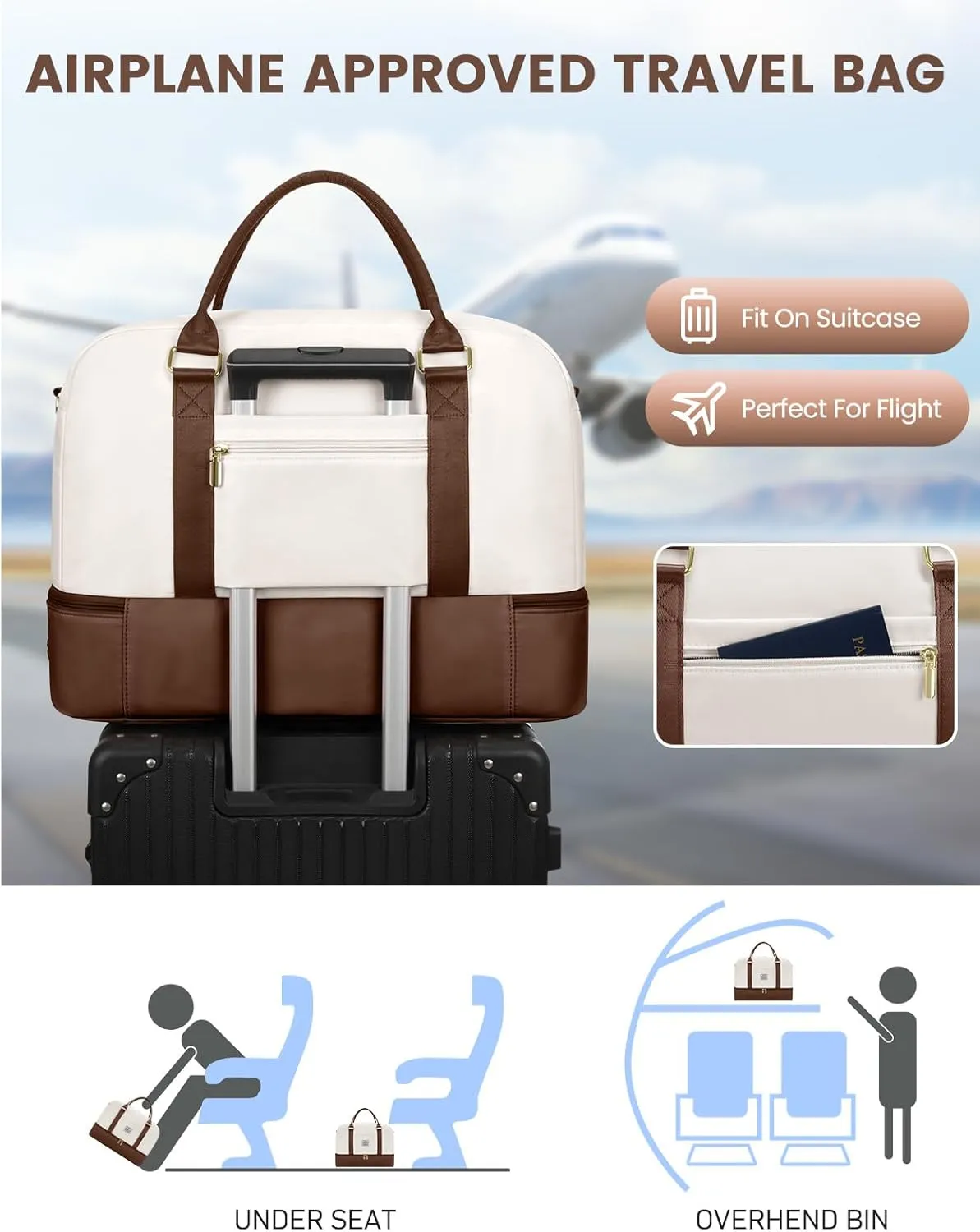Weekender Travel Duffle Bag for Women: Overnight Bags with Shoe Compartment Carry on Bags for Airplanes with Toiletry Bag Yoga Gym Bag with Wet Pocket Travel Duffel Tote Bag Hospital Bag Brown Beige