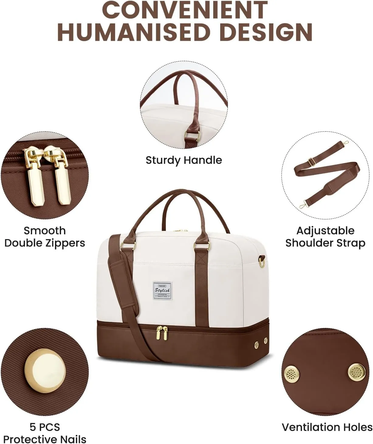 Weekender Travel Duffle Bag for Women: Overnight Bags with Shoe Compartment Carry on Bags for Airplanes with Toiletry Bag Yoga Gym Bag with Wet Pocket Travel Duffel Tote Bag Hospital Bag Brown Beige