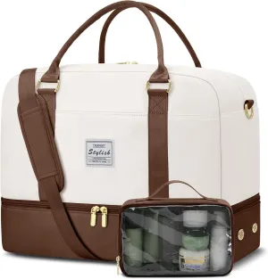 Weekender Travel Duffle Bag for Women: Overnight Bags with Shoe Compartment Carry on Bags for Airplanes with Toiletry Bag Yoga Gym Bag with Wet Pocket Travel Duffel Tote Bag Hospital Bag Brown Beige