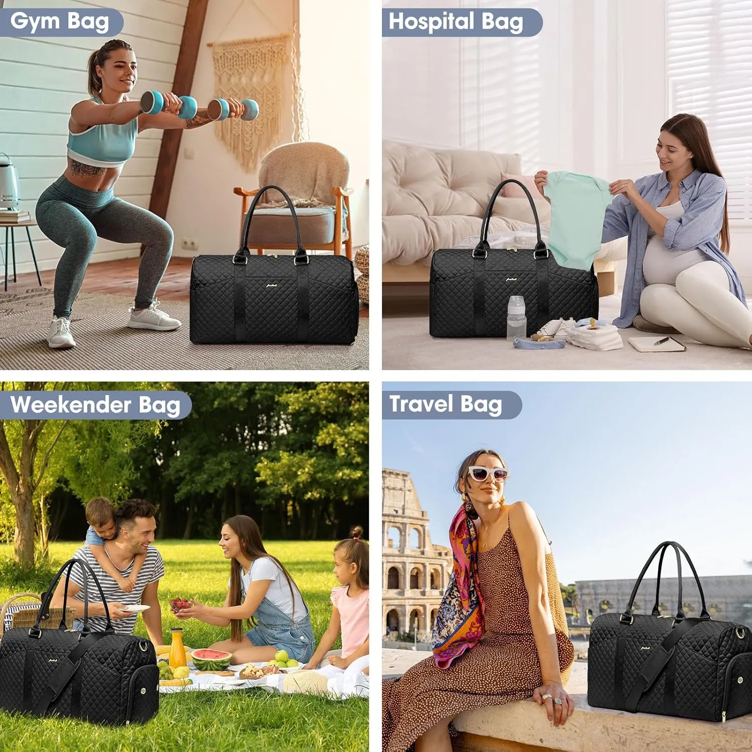 Weekender Travel Duffle Bag for Women - Overnight Bags with Wet Pocket Toiletry Bags Carry on Bag with Shoe Compartment Weekend Yoga Gym Traveling Hospital Bags for Labor and Delivery Black