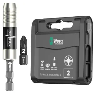 Wera Impaktor Bit Box PZ2 x 15 Bits Plus 897/4 Impaktor Magnetic Bit Holder 1/4" Hex