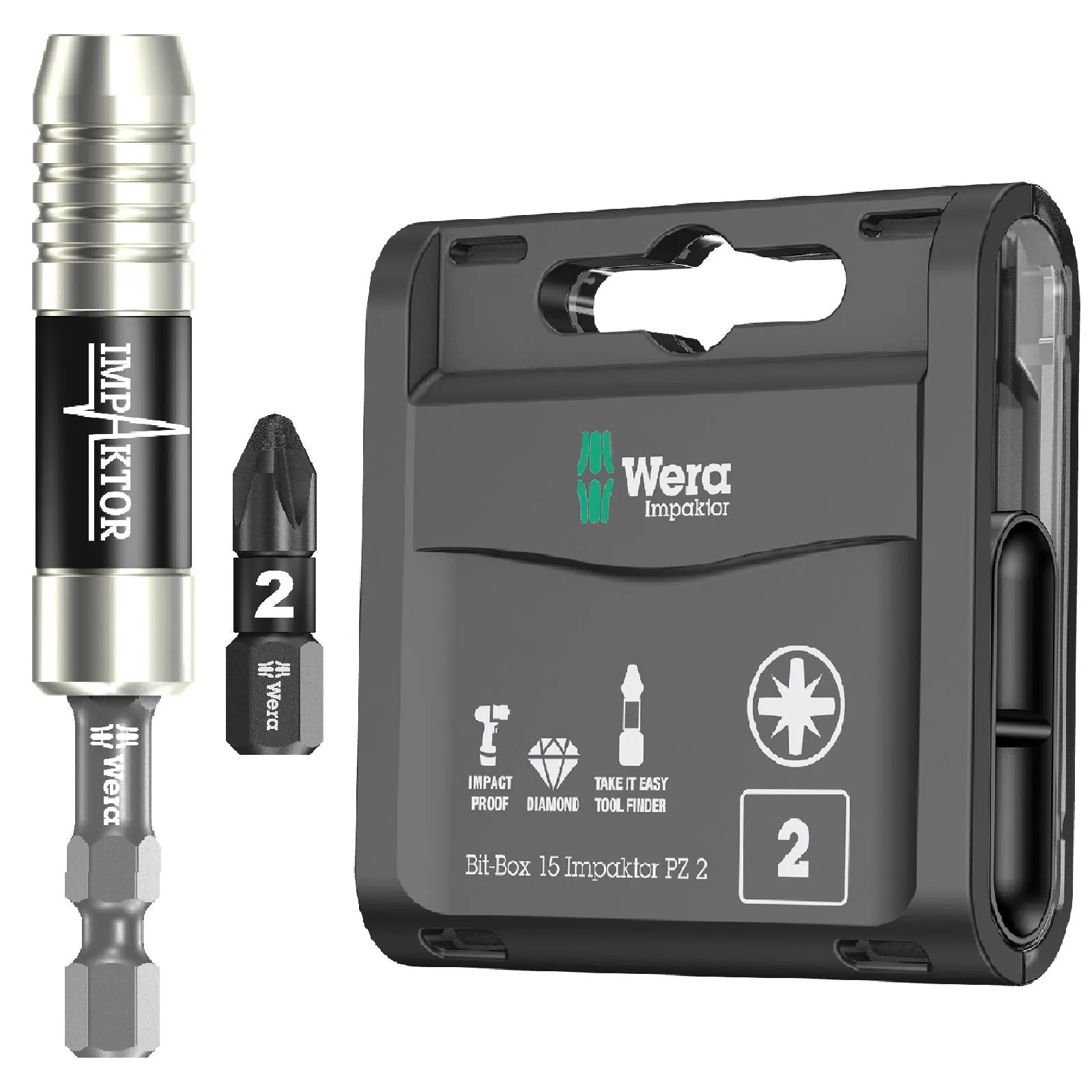 Wera Impaktor Bit Box PZ2 x 15 Bits Plus 897/4 Impaktor Magnetic Bit Holder 1/4" Hex