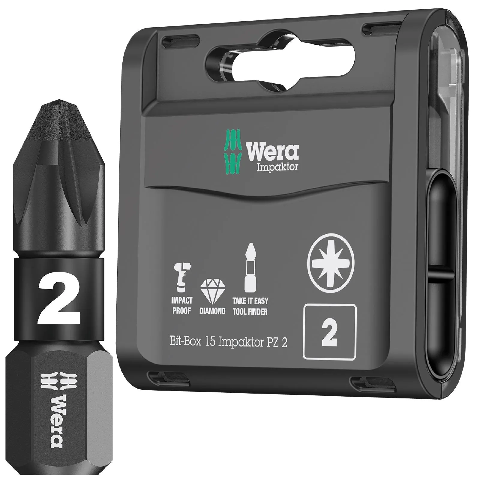 Wera Impaktor Bit Box PZ2 x 15 Bits Plus 897/4 Impaktor Magnetic Bit Holder 1/4" Hex
