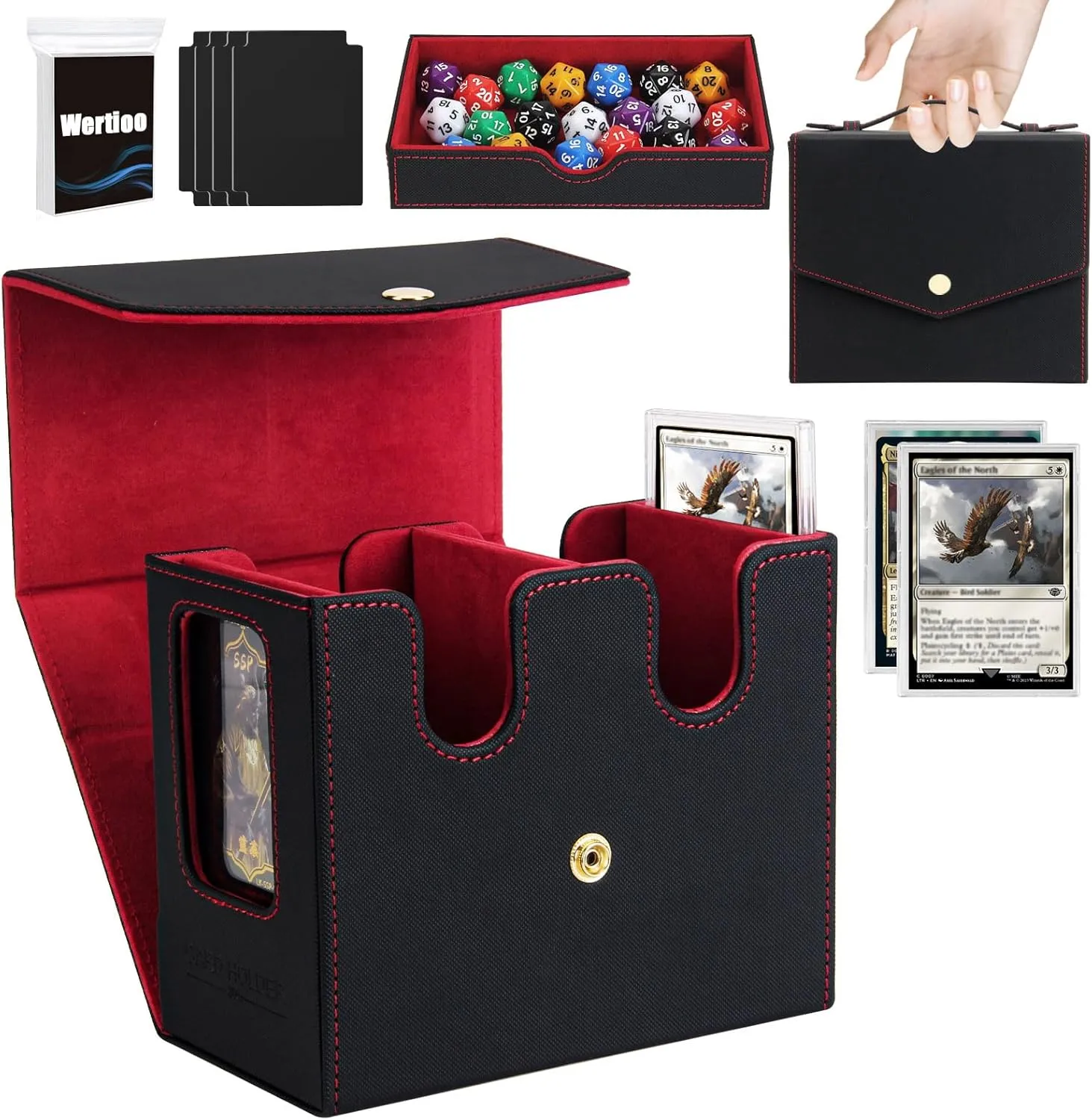 WERTIOO Trading Card Storage Box with Handle, Fits 500  Unsleeved Cards, 2-Row Deck Box for TCG MTG Gmaes, with 2 Commander Display & 1 Dice Tray & 4 Dividers & 100 Sleeves