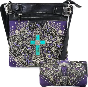 Western Autumn Floral Turquoise Cross Crossbody Messenger Bag and wallet set