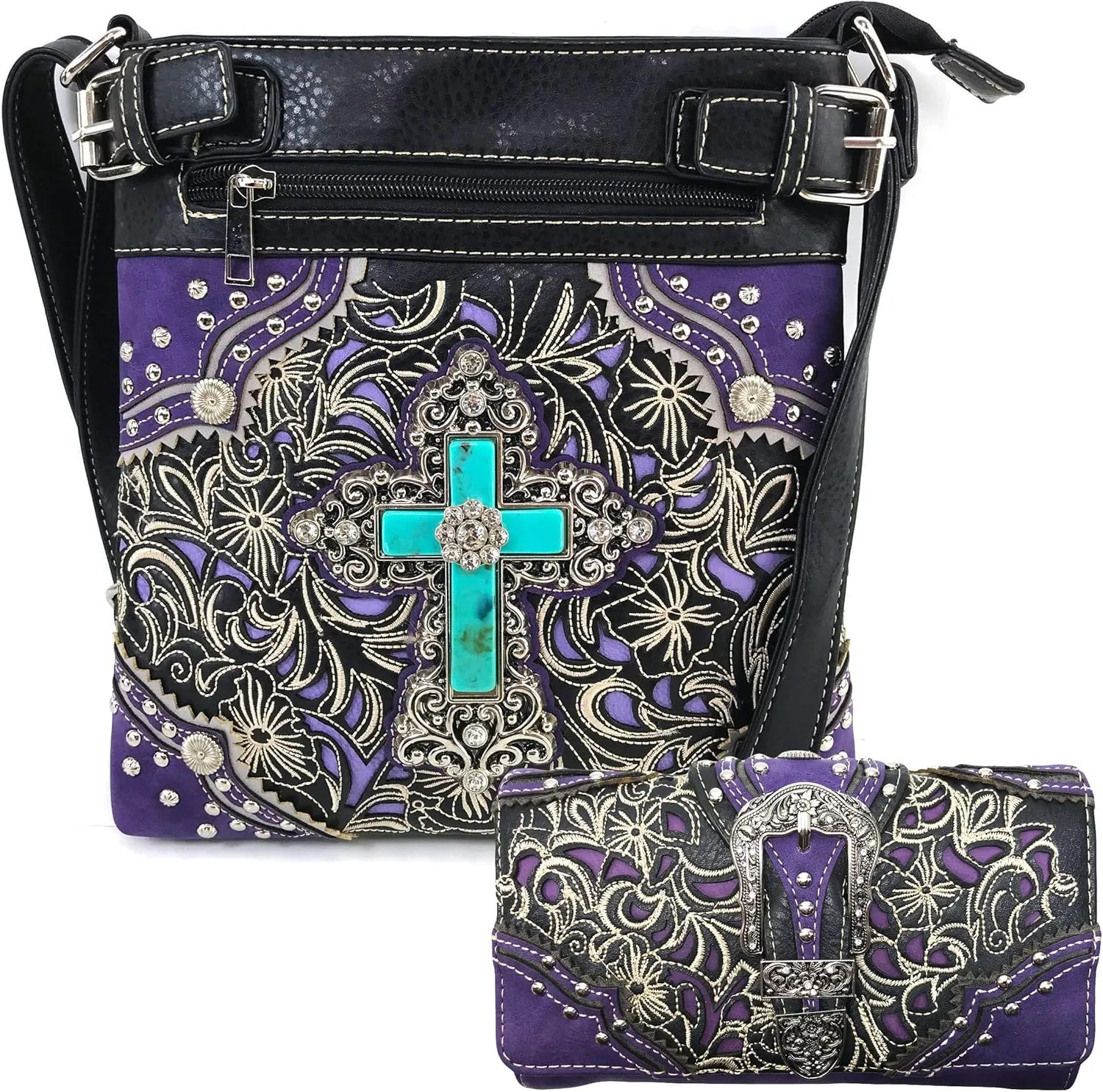 Western Autumn Floral Turquoise Cross Crossbody Messenger Bag and wallet set