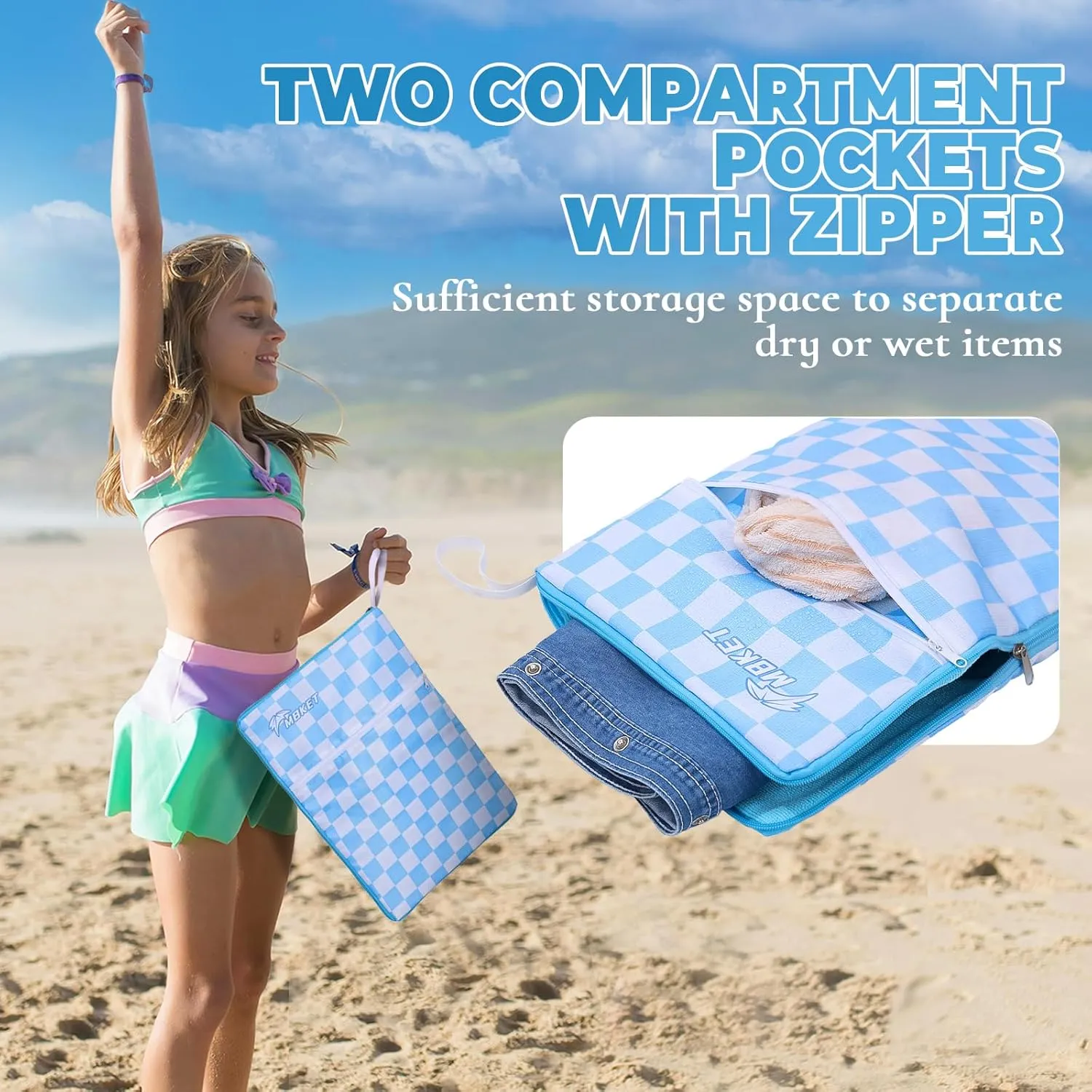 Wet Dry Bag, Embedded Towel Waterproof Wet Bag with Two Zipper Pockets for Swimsuit and Towels, Reusable Swimsuit Bag for Travel Essentials Baby Diaper