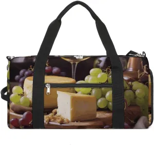 White Wine Cheese Cake Grapes Gym Bag Travel Duffel Bags for Men Women Large Weekender Bags Carry On Overnight Duffle Bag with Shoe Compartment for Workout