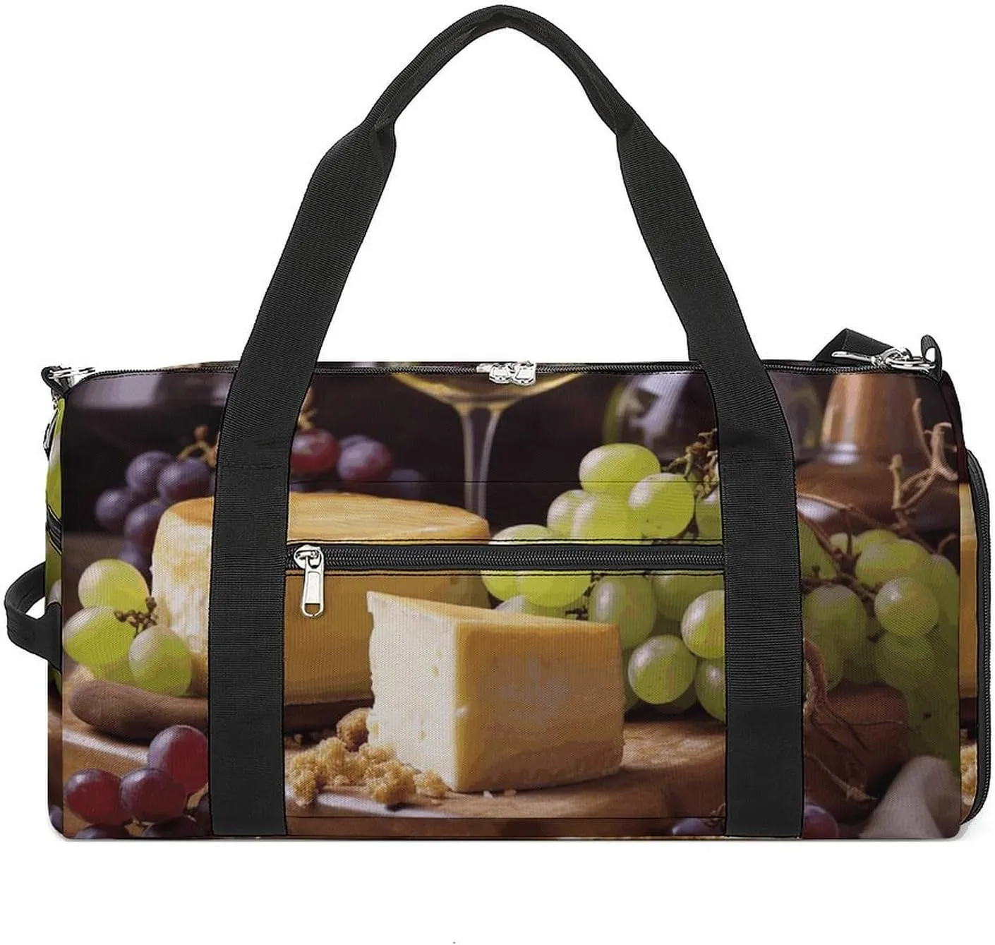 White Wine Cheese Cake Grapes Gym Bag Travel Duffel Bags for Men Women Large Weekender Bags Carry On Overnight Duffle Bag with Shoe Compartment for Workout