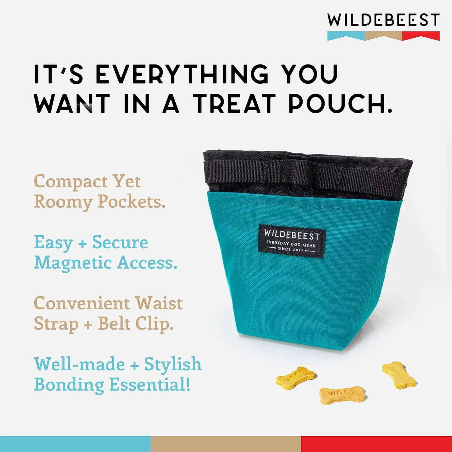 Wildebeest Dog Treat Pouch, Dog Treat Bag, Dog Training Treat Pouch, Dog Travel Bag, Pet Treat Pouch, Magnetic Closure, 2 Water-resistant Compartments, Detachable Waist Strap & Belt Clip