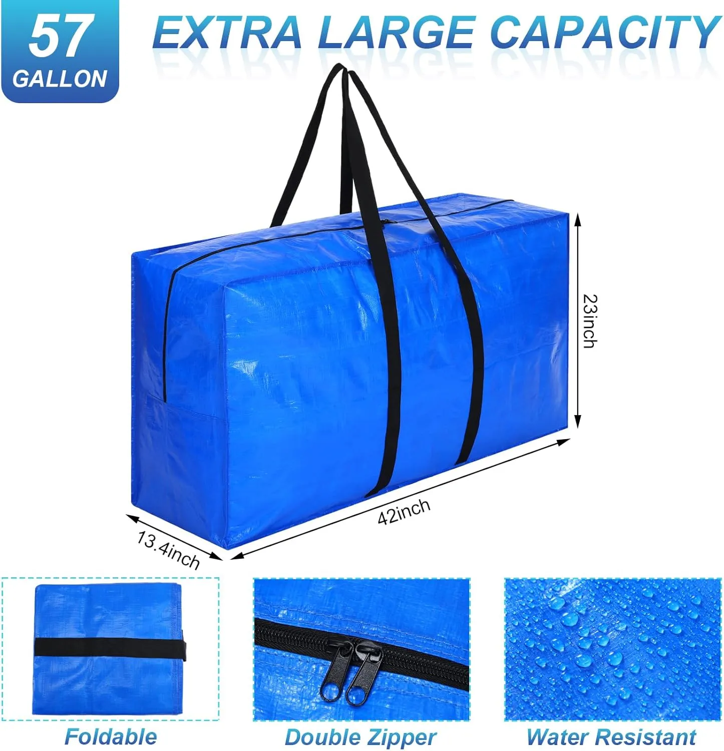 Windyun 4 Pcs Extra Large Storage Bags XL Storage Bags Heavy Duty Moving Totes Moving Boxes for College Foldable Duffle Totes for Travel Clothes Bedding Supplies(57 Gallon,Blue)