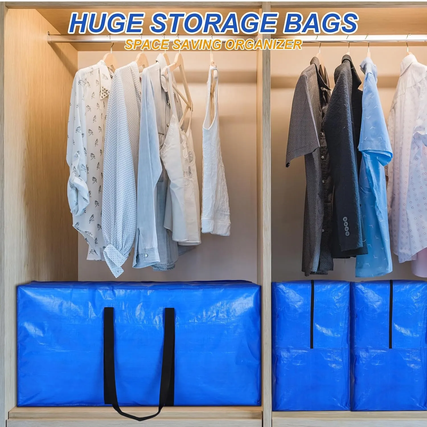 Windyun 4 Pcs Extra Large Storage Bags XL Storage Bags Heavy Duty Moving Totes Moving Boxes for College Foldable Duffle Totes for Travel Clothes Bedding Supplies(57 Gallon,Blue)