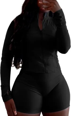 Women 2 Piece Outfits Tracksuits Sweatsuit Sets Long Sleeve Zip Up Running Jacket Shorts Set Workout Outfit