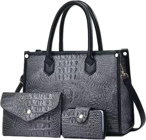 Women 3pcs Handbag and Purse Crocodile Pattern Totes Satchel Clutch Wallet Card Holder