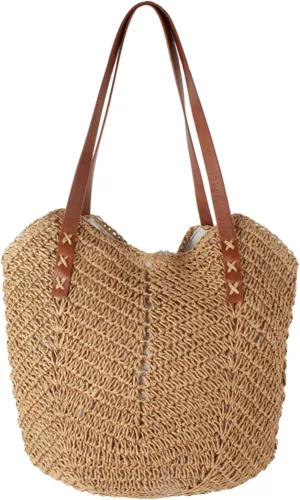 Women Large Straw Woven Shoulder Bag Beach Travel Handbag Top-handle Bag Tote