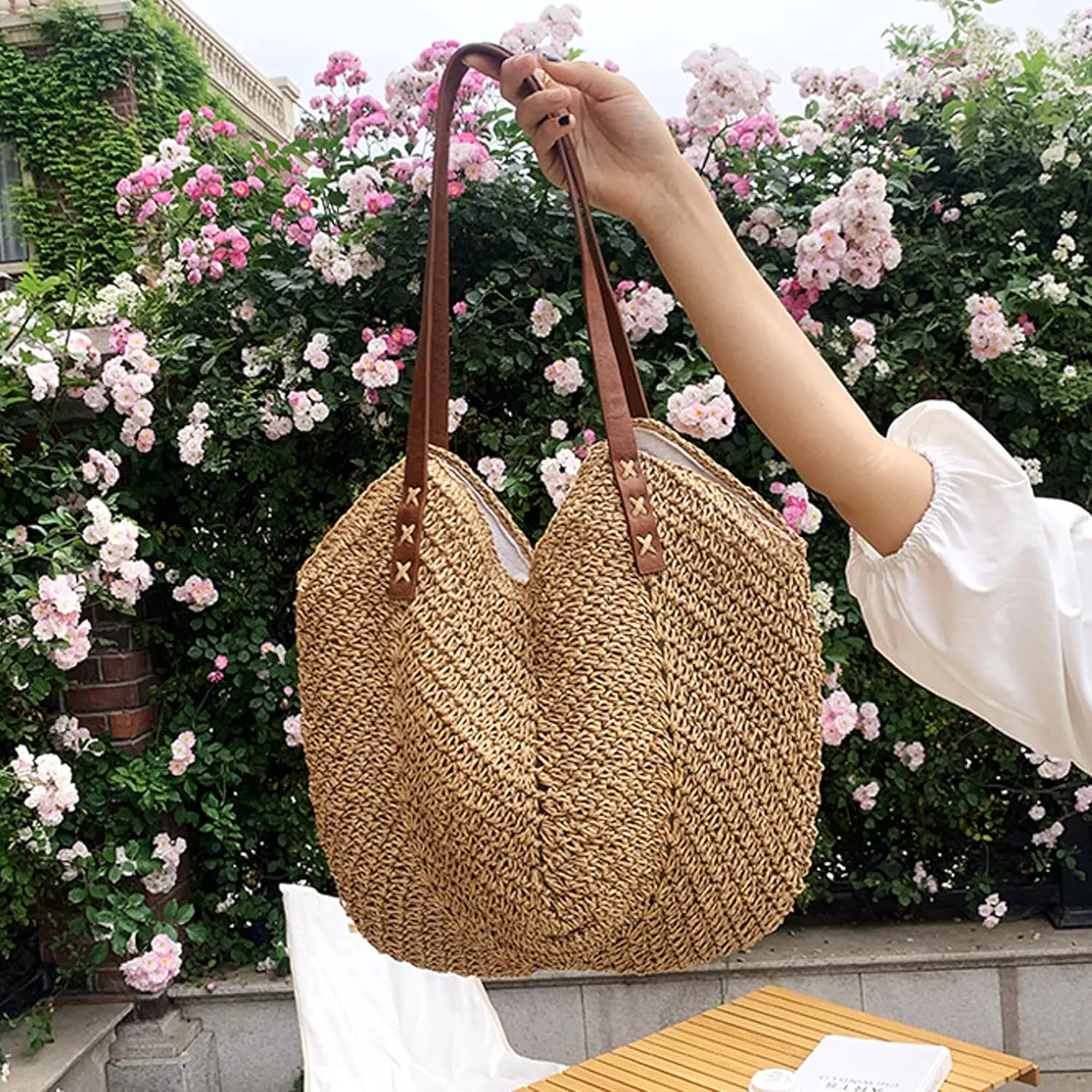 Women Large Straw Woven Shoulder Bag Beach Travel Handbag Top-handle Bag Tote