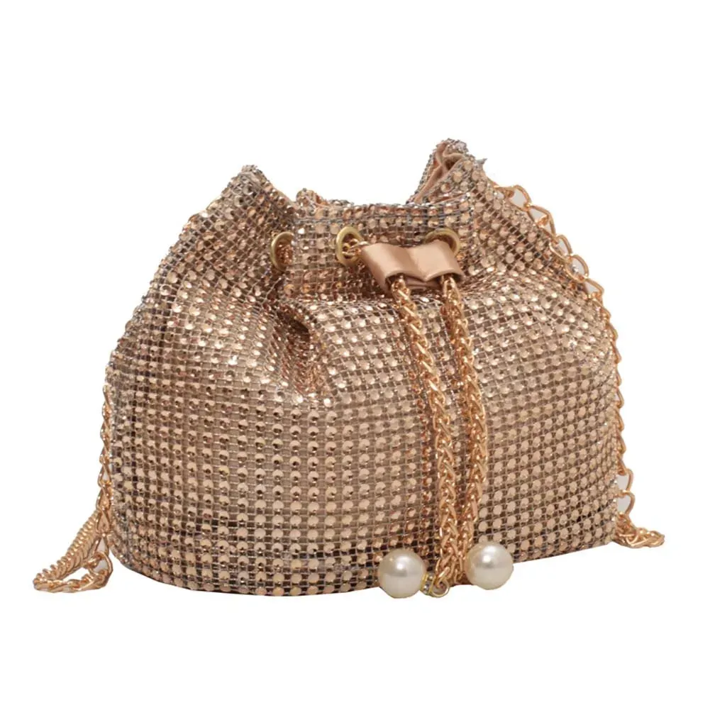 Women Luxury Shoulder Bag Solid Color Rhinestone Glittering Satchel Bag Drawstring Bling Bucket Bag Dinner Party Bag