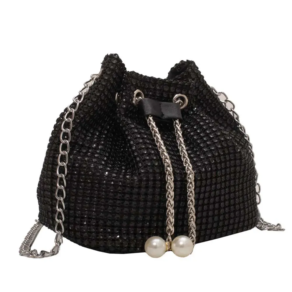 Women Luxury Shoulder Bag Solid Color Rhinestone Glittering Satchel Bag Drawstring Bling Bucket Bag Dinner Party Bag