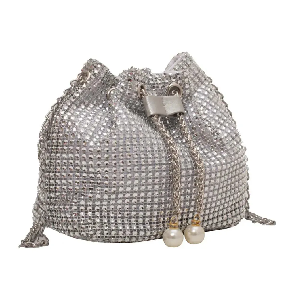 Women Luxury Shoulder Bag Solid Color Rhinestone Glittering Satchel Bag Drawstring Bling Bucket Bag Dinner Party Bag