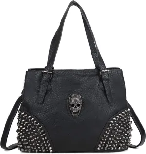 Women Skull Tote Bag Rivet Handbag PU Large Capacity Shoulder Bag Black Satchels
