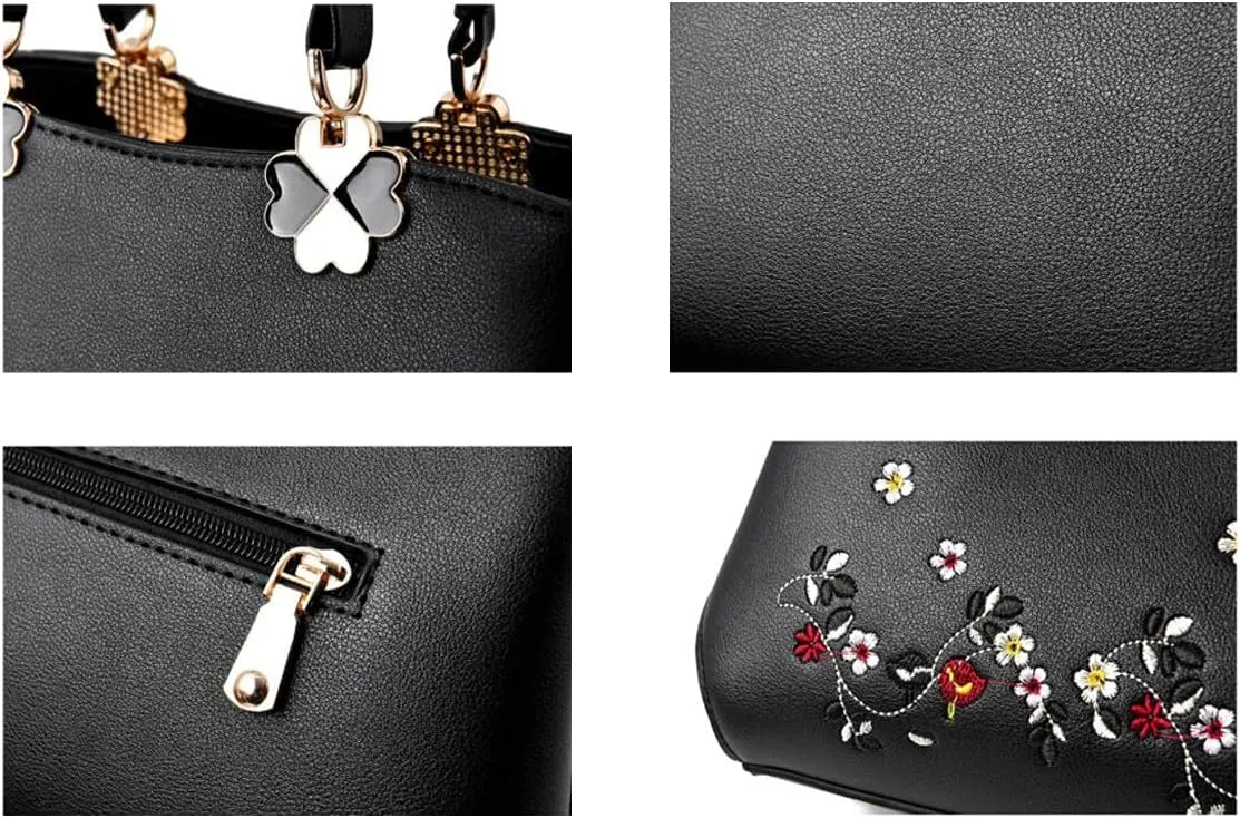 Women Soft Synthetic PU Leather Embroidered Totes Top-Handle Hobo Crossbody Shoulder Evening Bag Clutches