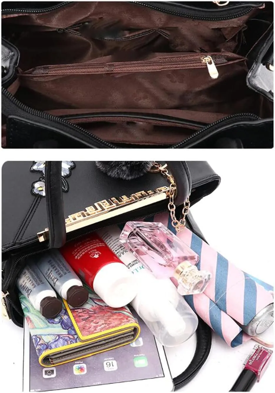 Women Soft Synthetic PU Leather Female Contrasting color Fur ball Totes Clutches Shoulder Diagonal Crossbody Bags