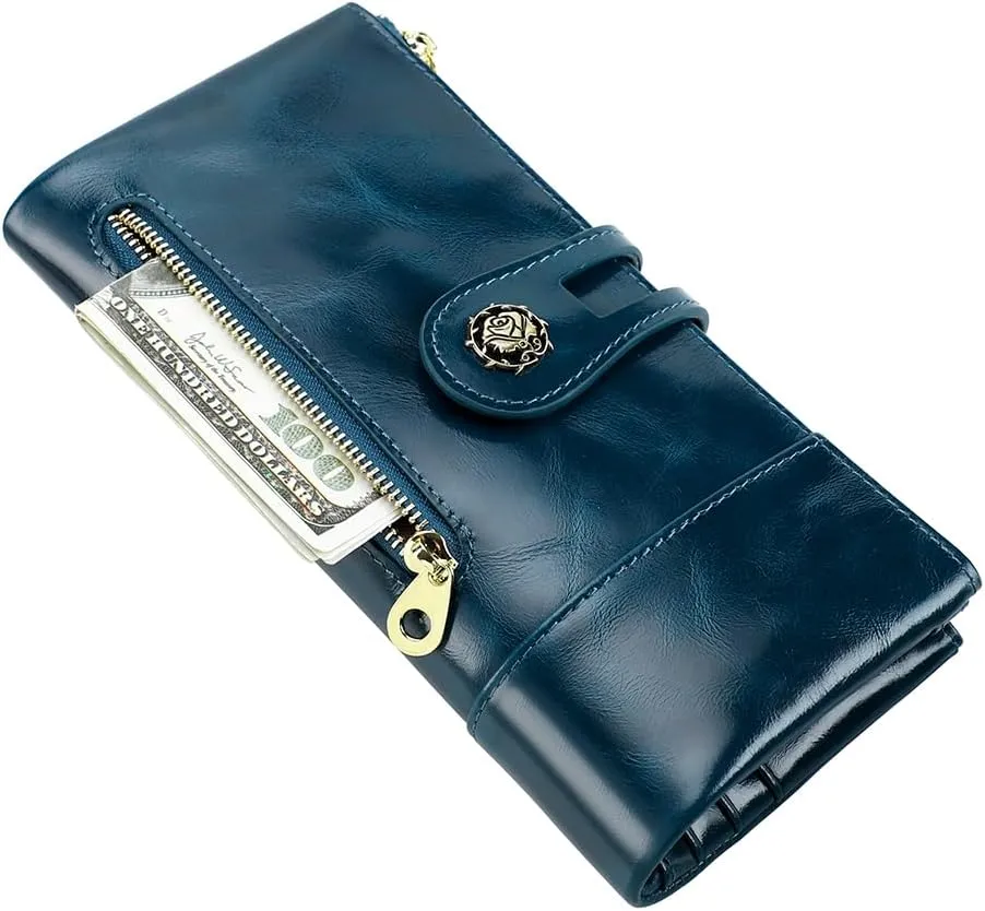 Women's RFID Blocking Wallet Soft Leather Clutch Money Ladies Purse Slim Card Holder Organizer Zip Pocket (3013-Blue)