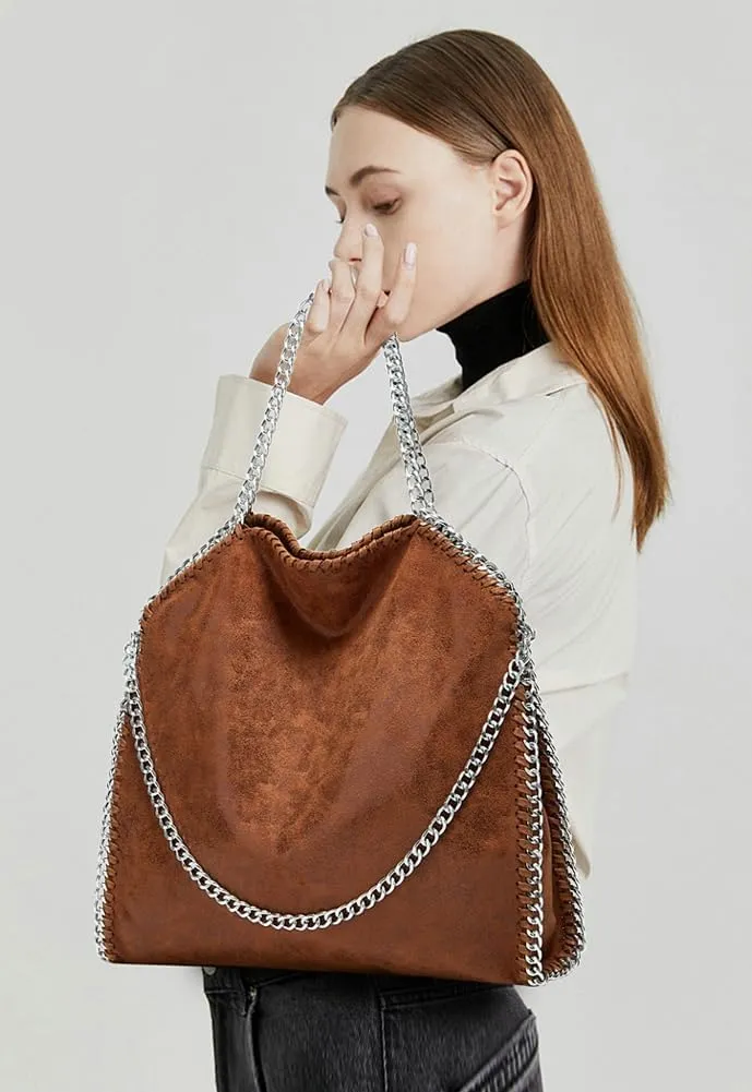 Womens Soft Vegan Leather Shoulder Bags Large Y2k Tote Purse Working Top Handle Handbags Foldable Satchels with Chian