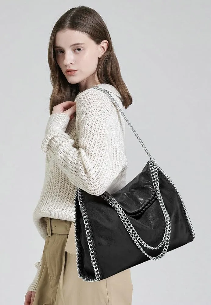 Womens Soft Vegan Leather Shoulder Bags Large Y2k Tote Purse Working Top Handle Handbags Foldable Satchels with Chian