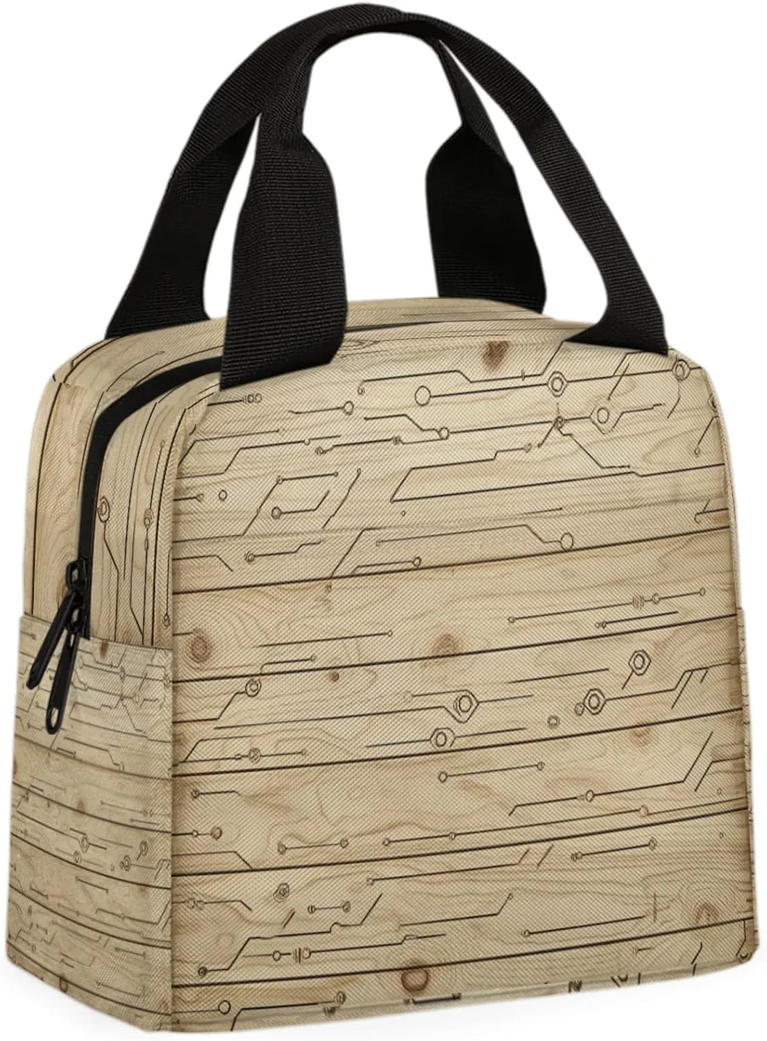 Wood Grain Insulated Lunch Bag Wooden Circuit Board Reusable Lunch Box Leakproof Thermal Cooler Lunch Tote Bags for Kids Girls Boys School Work Travel Picnic