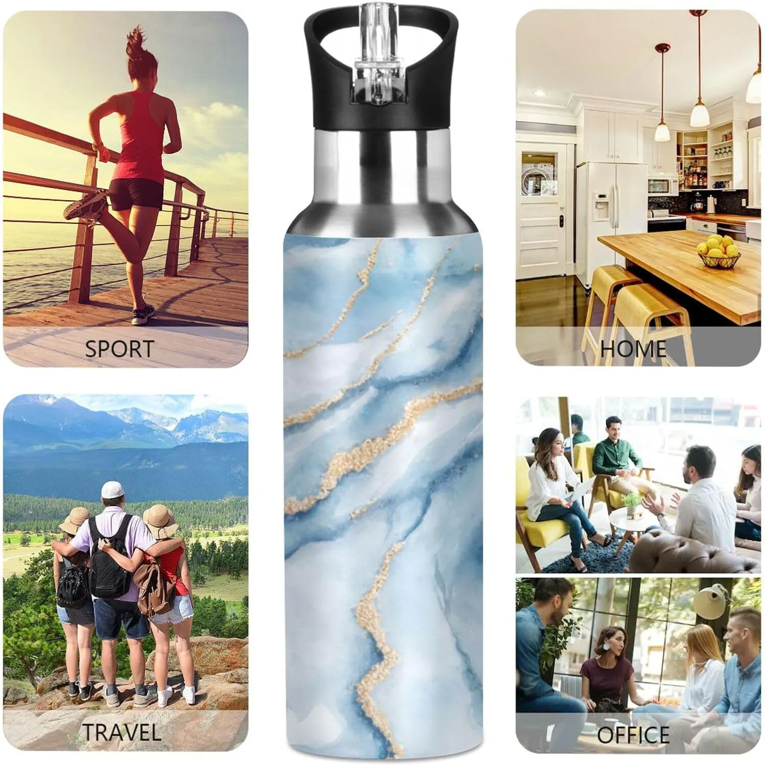 xigua White Blue Marble Water Bottle with Straw, 20OZ Sports Water Bottle BPA Free Stainless Steel Water Jugs for Gym,Working, Outdoor