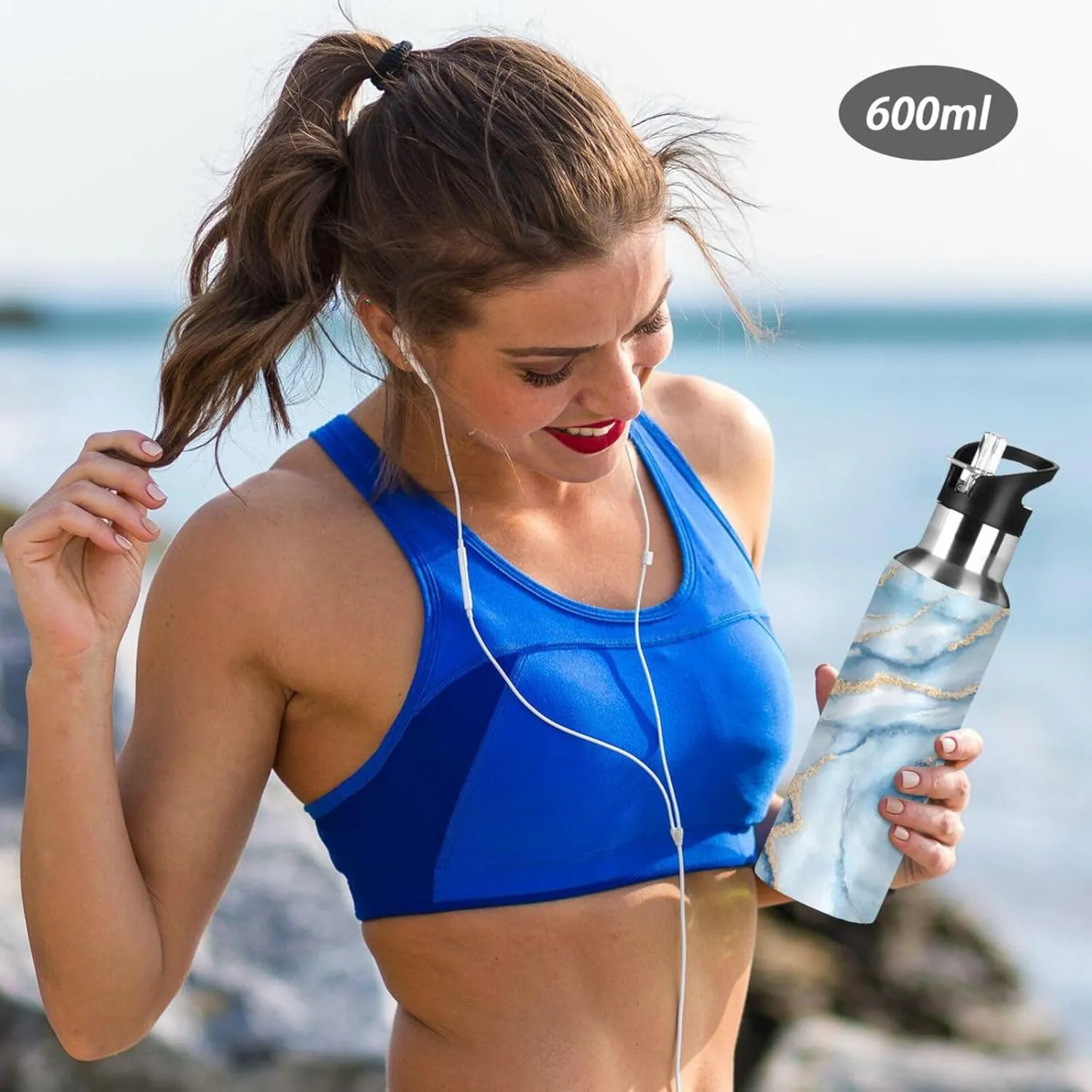 xigua White Blue Marble Water Bottle with Straw, 20OZ Sports Water Bottle BPA Free Stainless Steel Water Jugs for Gym,Working, Outdoor