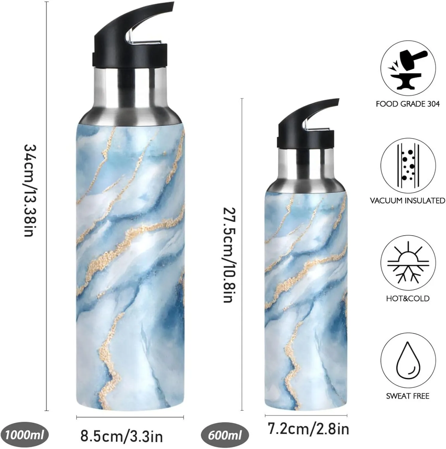 xigua White Blue Marble Water Bottle with Straw, 20OZ Sports Water Bottle BPA Free Stainless Steel Water Jugs for Gym,Working, Outdoor