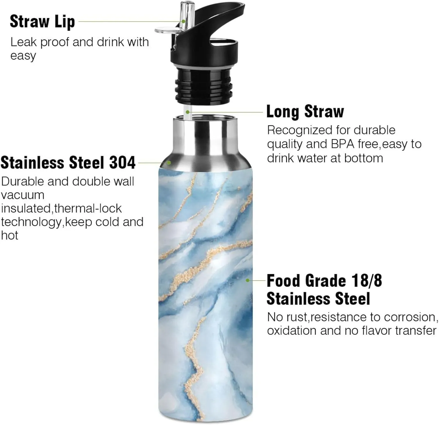 xigua White Blue Marble Water Bottle with Straw, 20OZ Sports Water Bottle BPA Free Stainless Steel Water Jugs for Gym,Working, Outdoor