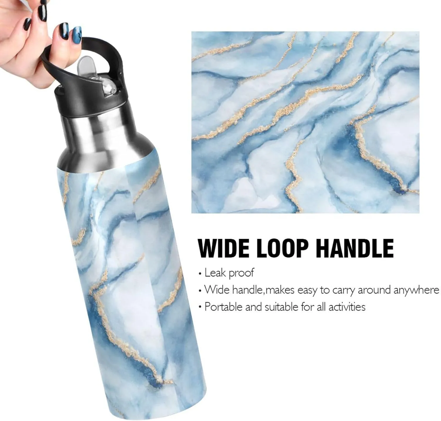 xigua White Blue Marble Water Bottle with Straw, 20OZ Sports Water Bottle BPA Free Stainless Steel Water Jugs for Gym,Working, Outdoor