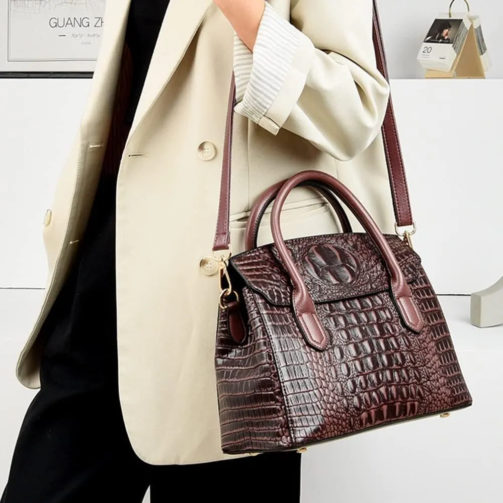 XXGJOALD-Satchel Tote Purse for Women Crocodile Pattern Embossed Top-handle Handbags Fuax Leather Shoulder Bag
