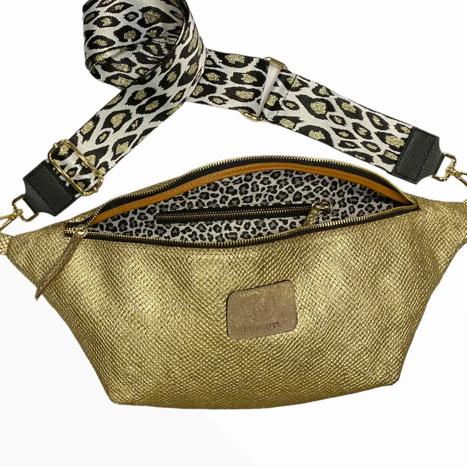 XXL gold leather belt bag with unique strap