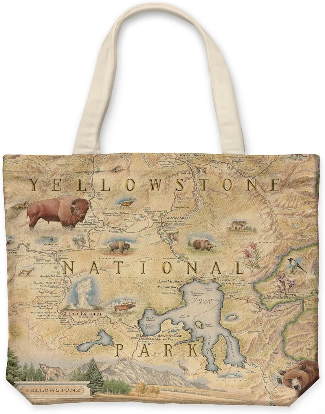 Yellowstone National Park Map Canvas Tote Bag with Handles, Cloth Grocery Shopping Bag, Reusable & Eco-friendly Bag