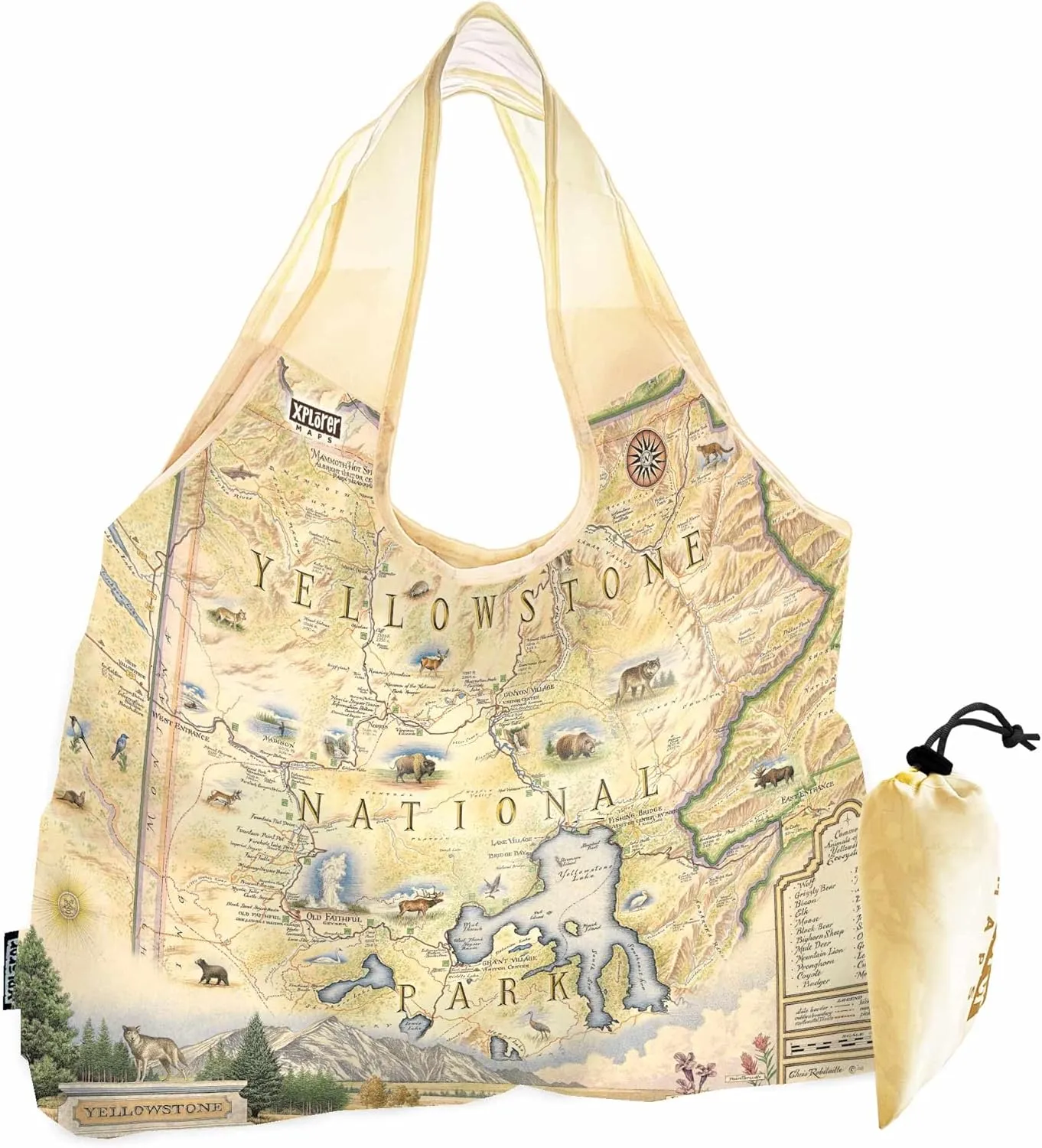 Yellowstone National Park Map Pouch Tote with Handles - Grocery Shopping Bag - Reusable & Eco-friendly - Foldable Nylon - Heavy Duty Fits in Pocket - 18x25